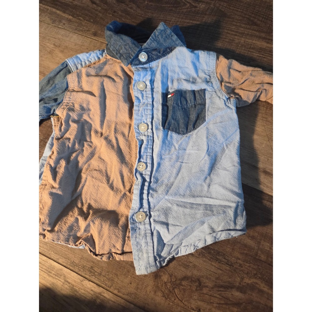 Tommy Hilfiger Baby Boy Colorblock Button Down Shirt Blue Tan 6-9M RN130323